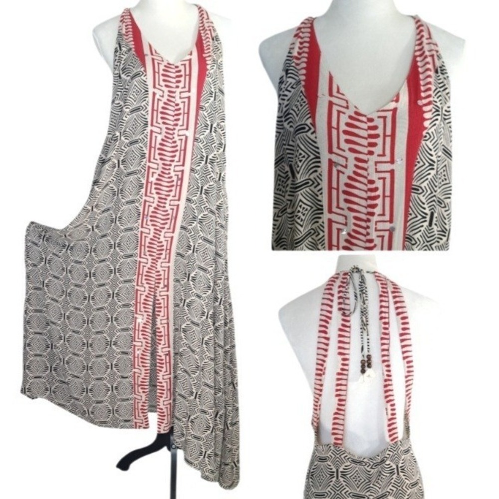 Fashion Nova Dress Size 1X Beige/Red Abstract Print High Low Rayon Sleeveless